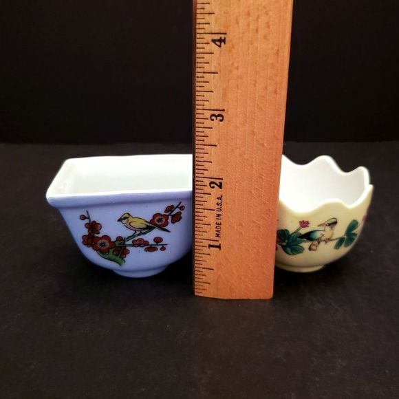 Porcelain Lillian Vernon Trinket Bowls Birds Flowers Yellow Blue Vintage Chinese - Picture 9 of 11